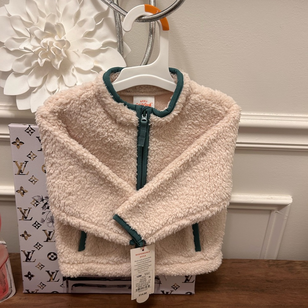 Cat & Jack Cream Sherpa Jacket with Green Accents